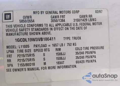 1997 Chevrolet Astro z USA, uszkodzony, nr VIN 1GCDL19W3VB186411